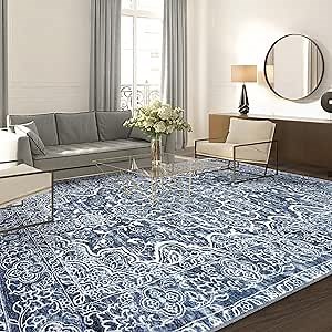KUTA Living Room Rug 6x9 Blue White Washable Large Area Rugs 6ft x 9ft
