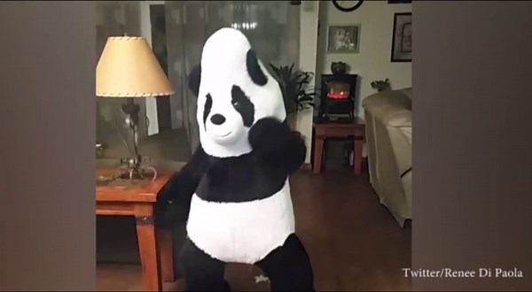 Woman dances inside what was a stuffed bear