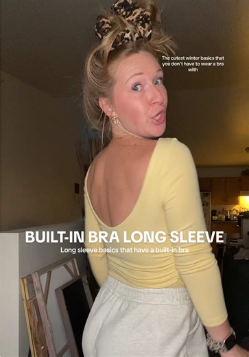 Long sleeve winter basics that have built in bra padding (YUP - No bra required), AND they’re so good for layering. Runs true to size - In my true size medium! #builtinbra #longsleevetop #capsulewardrobe #winterfashion #tiktokshopblackfriday