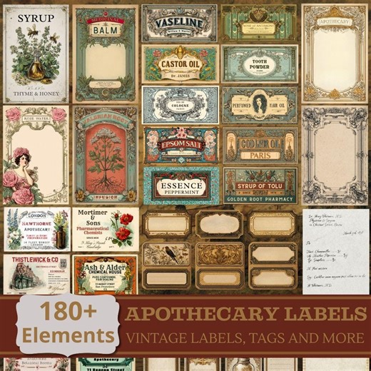 Vintage Apothecary Labels Printable Kit for Junk Journal | Botanical Druggist Tags | Scrapbook Snippets | Antique Pharmacy - Etsy
