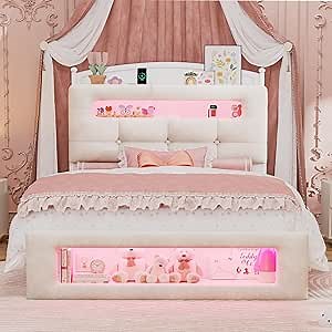UPOSOJA Twin Size Upholstered Platform Bed Frame with LED Lighting, Storage Headboard and Footboard, Remote/App Control, No Box Spring Needed,White (Twin)