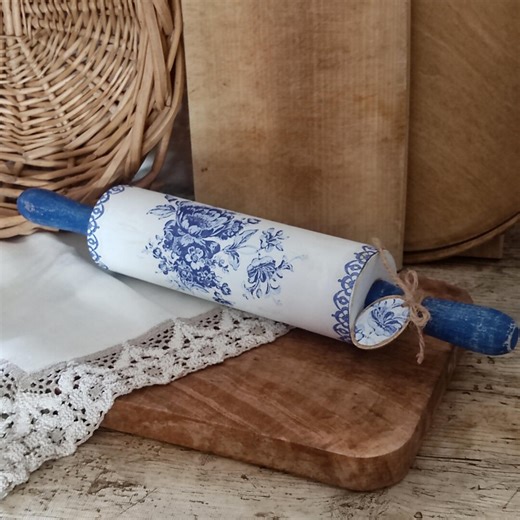 Vintage Style Rolling Pin: Blue Floral Farmhouse Kitchen Decor - Etsy