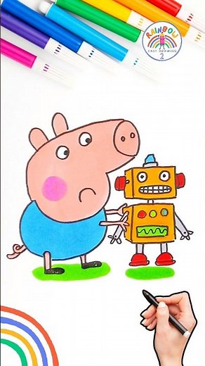 Draw Baby George Pig | How to Draw Sad George Pig with Robot 🌈🐽 #peppapig #shorts #sad