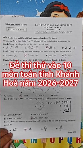 Đề thi thử vào 10 môn toán tỉnh Khánh Hoà năm 2026-2027