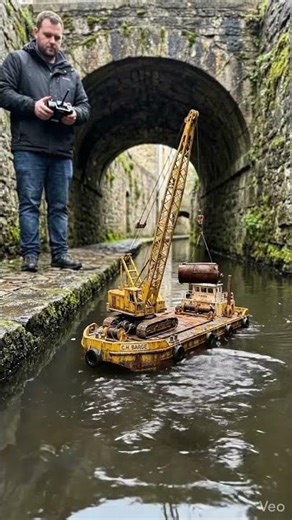 Tiny RC Crane Barge Lifts Cargo Under a Stone Bridge 🏗️🚢