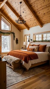 A winter wonderland cabin where Christmas magic meets cozy mountain luxury. ❄️🎄✨ Would you spend the holidays here unwrapping gifts by the fire, or make this your forever home where every winter feels like a fairytale? Stunning vaulted living room with soaring timber ceiling, floor-to-ceiling stone fireplace with Christmas garland and twinkling lights, large windows framing snowy forest views, and cozy cream sofas with burnt orange velvet throws; warm interiors include a master bedroom with vau