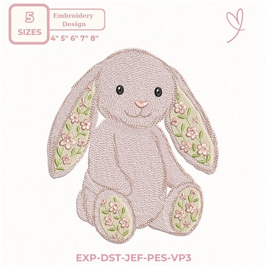Floral Bunny Embroidery Design – Cute Long Ear Rabbit Machine Embroidery, 5 Sizes, Instant Download - Etsy