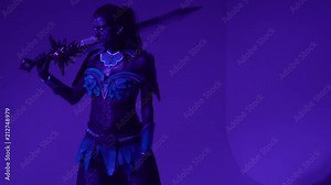 Pompous woman drow posing with a huge fantasy sword and looking away, slow motion
