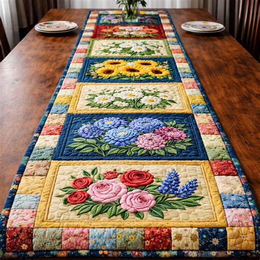 Floral Quilt Block Table Runner, Vintage Patchwork Table Decor, Farmhouse Quilted Style Runner, Rustic Flower Dining Table Topper - Etsy