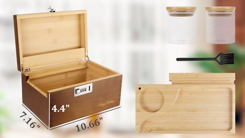 Large Bamboo Storage Box with Combination Lock - Decorative Keepsake Box with Removable Tray & Spice Crusher - Discreet Wood Organizer (10.6 x 7.1 x 5.5 in)(Black)