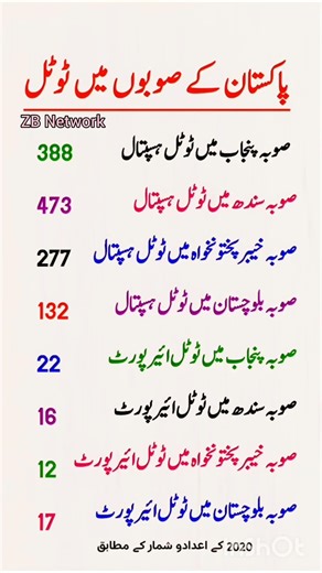 Pakistan's Provincial Total Hospitals & Airports Statistics | Health & Infrastructure Overview 2020"