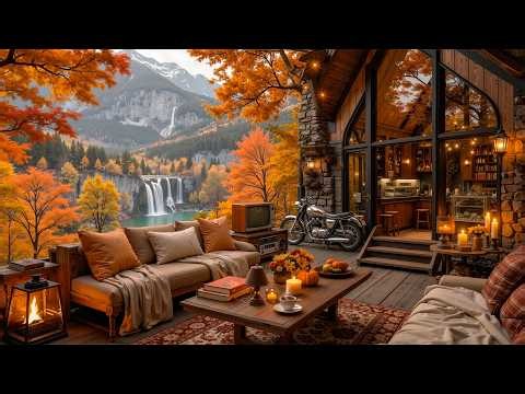 Golden Fall Cabin Retreat 🍁 Fireside Ambience & Cozy Café | Smooth Jazz Music for Rest & Unwind