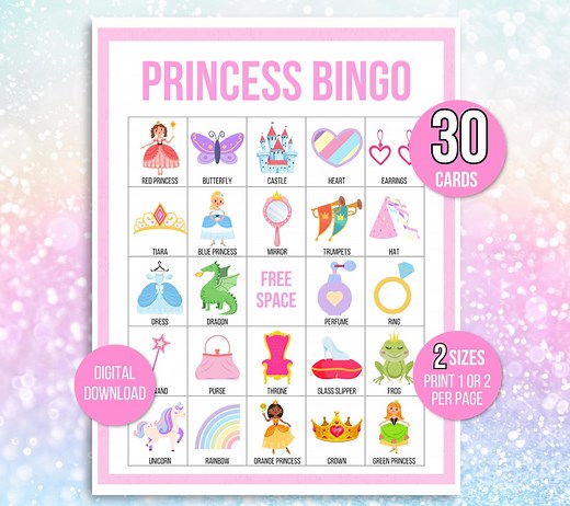 Princess Bingo, 30 Printable Princess Bingo Cards, Princess Birthday, Princess Party Game, Princess Birthday Party, Princess Printable - Etsy