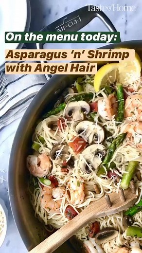 35K views · 223 reactions | Have some frozen shrimp and veggies at home? Our Food Stylist & Test Cook Josh will show you how to use them to make this incredible Asparagus ‘n’ Shrimp with Angel Hair! Get the full recipe here: https://trib.al/4HleFUY | Taste of Home | Facebook