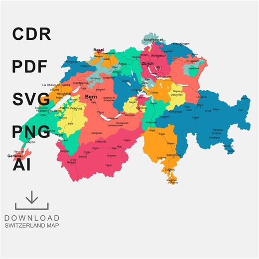 Switzerland Map Vector, Cantons, Subdivisions (EPS, PDF, AI) - Etsy UK