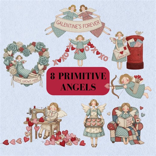 8 Primitive Angel PNG Bundle | Sewing Machine Baking | Love Grows Here | Sending Love Mailbox | XOXO Valentine Rag Doll Sublimation - Etsy
