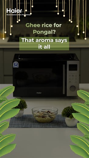 Haier India on Instagram: "Celebrate the warmth of Pongal with a bowl of aromatic Ghee Rice, made effortlessly in your Haier Microwave. Simple, rich, and full of festive flavour! ✨ Ingredients: • 1 cup basmati rice • 2 tbsp ghee • 1 bay leaf • 1 cinnamon stick • 3-4 cloves • 1 tbsp cashews • 1 tbsp raisins • Salt to taste • 2 cups water Steps: • Wash and soak the rice for a few minutes. • In a microwave-safe bowl, add ghee, bay leaf, cinnamon, cloves, cashews, and raisins. Microwave for 2–3 minu