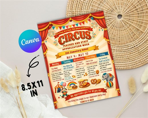 Editable Circus Teacher Appreciation Week Itinerary Flyer Printable (canva Template) - Etsy