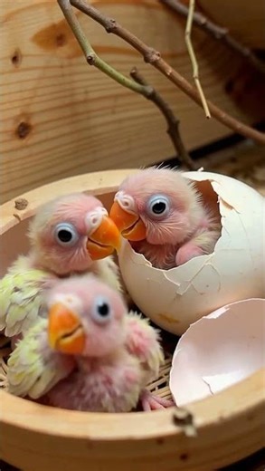 MACAW Hatchlings blinking and opening their eyes after emerging.
