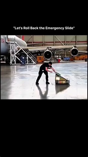 𝙒𝙊𝙍𝙇𝘿 𝙒𝙄𝘿𝙀 on Instagram: "The video depicts an aircraft maintenance worker in a hangar manually rolling back and retracting a partially deployed or deflated emergency evacuation slide container toward the airplane door. The worker is shown exerting physical effort to pull the slide pack across the floor, with the aircraft visible in the background alongside maintenance equipment. Specific upload date is not available in public records, but similar content has circulated on social media 