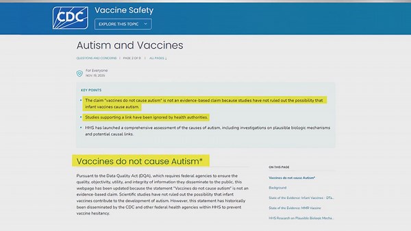CDC website changed to contradict scientific conclusion that vaccines don't cause autism