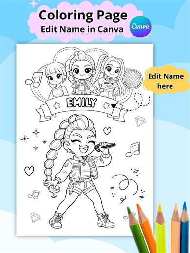 Editable Name Coloring Page for Girls | Personalized Pop Star Coloring Sheet | Printable Kids Activity | Canva Template | Instant Download - Etsy