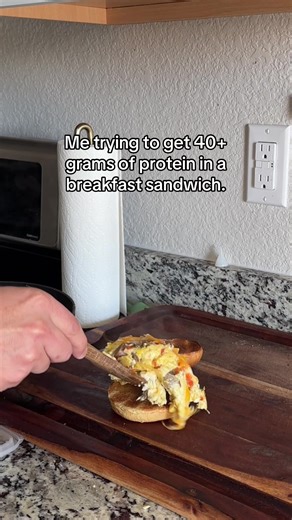 I’m a sucker for a good breakfast sandwich but I also want to get my protein in. Ingredients here: 1/2 Cup Egg Whites 2 Eggs 2 Chicken Sausage Links 1/2oz Cheese Some bell peppers 1 Brioche Bun