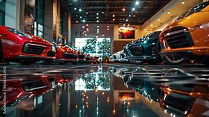 An exciting variety of luxury car brands are on display in the car showroom offering many new cars in beautiful colors.