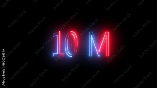 Abstract Glowing Neon Light 10 Millions Letter Icon Animation.10 Million achievement for social media videos .10 M million neon glowing text animation. Glowing 10M Typography Banne