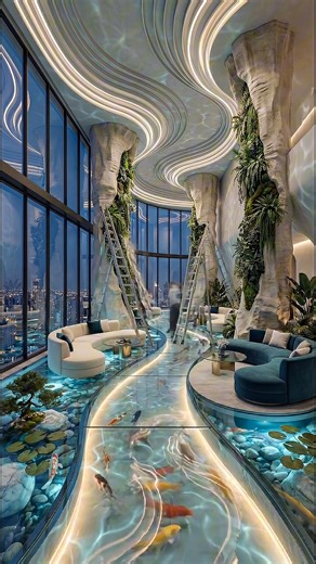 Tiny Living Designs on Instagram: "Step Inside the Most Incredible Living Glass River Atrium Ever Built ! #AquaCelestia #LivingAtrium #luxuryarchitecture #FuturisticDesign #multilevelatrium #LEDInteriorDesign"