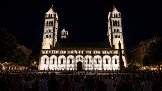 A stunning night light show covers this cathedral