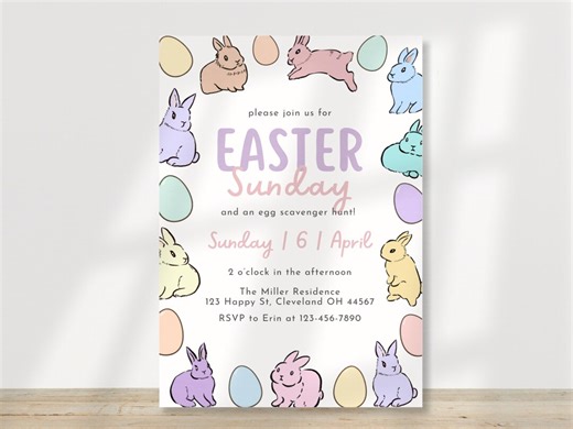 Easter Sunday Invite Template, Easter Dinner Invitation, Pastel Bunny Brunch, Egg Scavenger Hunt Evite, Digital, Editable, Canva, Printable - Etsy
