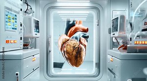 High-tech medical lab with large human heart model in transparent enclosure, surrounded by advanced diagnostic equipment and monitors displaying data.