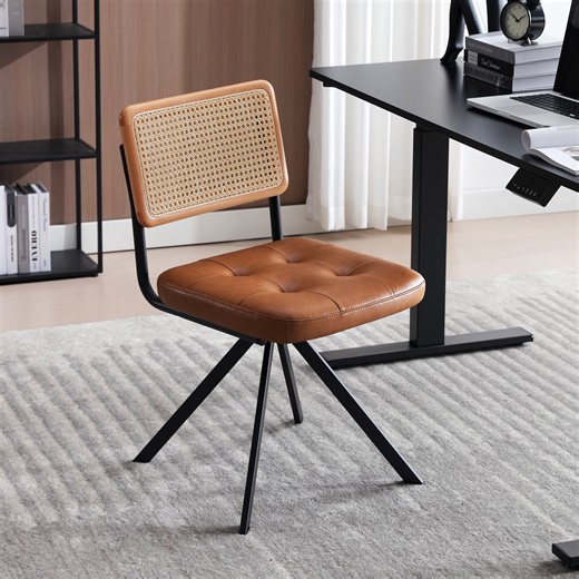 Zesthouse Rattan Desk Chair, Mid Century Modern Home Office Chair with Cane Back, Vintage Faux Leather Swivel Accent Chair, Upholstered Armless Computer Task Chair No Wheels, Brown