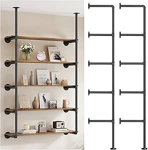 Industrial Iron Pipe Shelf Wall Mount, Farmhouse DIY Open Bookshelf, Pipe Shelves for Kitchen Bathroom, bookcases Living Room Storage, 2Pack of 5 Tier