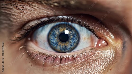 Extreme macro close-up of blue human eye opening wide with detailed iris texture and pupil