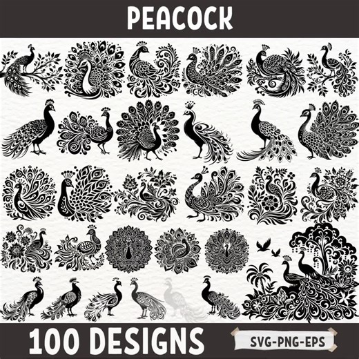 Peacock SVG Bundle, 100 Peacock Clipart Designs, Ornamental Peacock Cut Files, PNG EPS Svg, Laser Cut Files, Cricut Silhouette Vector Art - Etsy