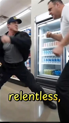 Barney Ross triggers an explosive fistfight with a massive opponent in a grocery store aisle.