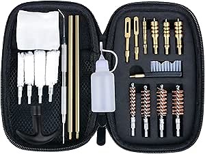 Universal Handgun Cleaning Kit for .22 .357/.38/9mm .40 .45 Caliber Pistol with Cotton mop, Bronze Bore Brush, Brass Jag, Brass Slotted Tips, Nylon Brushes