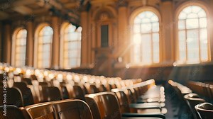 The intricate detailed architecture of a grand lecture hall with arched ceilings large windows and intricate molding.