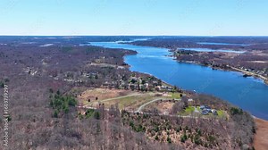 Taunton River aerial view in spring near Dighton historic town center, Massachusetts MA, USA.