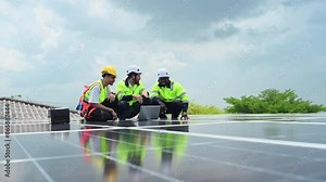 Group of engineer and technician inspects solar panel installation and test the operation of the panel