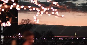 Rack focus from branches with holiday lights to Statue of Liberty in NYC