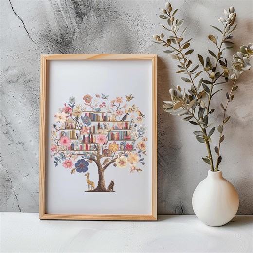 Tree Cross Stitch Pattern Instant PDF Download - Boho Tree Watercolor Cross Stitch Hand Embroidery Whimsical Boho Tree and Books Pattern - Etsy Australia