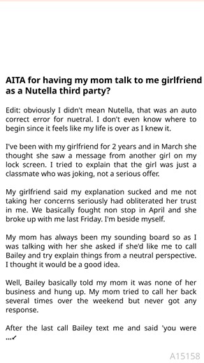 AITA 🚘 for having my mom talk to me girlfriend as a 😋 Nutella 💡 third party? 🐖 #aita #redditcommunity #storytime #truthmatters #relationshipadvice #basedonreallife #trueconfessions #reelstory | The Food Nest