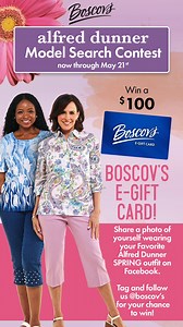 Become a #boscovs Alfred Dunner model for a day! Star in a Boscov’s Ad Photoshoot and receive a $250 Alfred Dunner shopping spree! Enter here by submitting a photo of yourself in your favorite Alfred Dunner outfit! | Boscov's