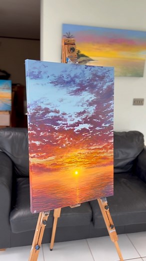 Reworking the glow around the sun 🌞 on this large painting 🖼️. Bringing the heat 🔥 ✨ #sunsetpainting #realisticpainting #artreels #artreel #paintingreel #paintingreel #acrylicpainting #paintingtutorial | M STEWART PAINTINGS