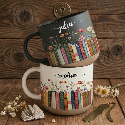 Custom Vintage Bookshelf Library Pottery Mug Two-tone Book Lover Gift, Floral Bookish Ceramic Cup Gifts for Reader, Reading Coffee Cup - Etsy