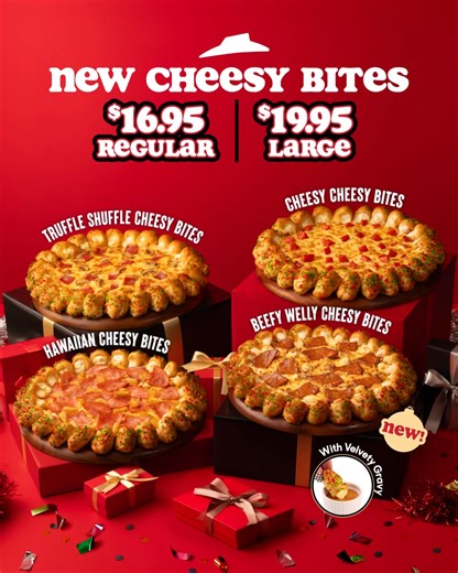 822 reactions · 29 shares | 燎Cheesy Bites Pizza is back! Now in four festive flavours including the brand-new Beefy Welly so you can dip, pull and go gravy✨ ​ From 13–30 Nov, do merry your way for just $16.95 (Regular) or $19.95 (Large) and enjoy the pizza that just keeps giving ​ ​T&Cs apply. Applicable for dine-in, self-collection and delivery. | Pizza Hut | Facebook