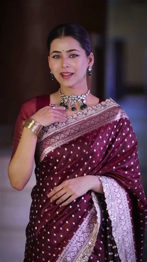 Banarasee Handloom Mashru Silk Saree With Zari Buti Design & Lace Border-Burgundy